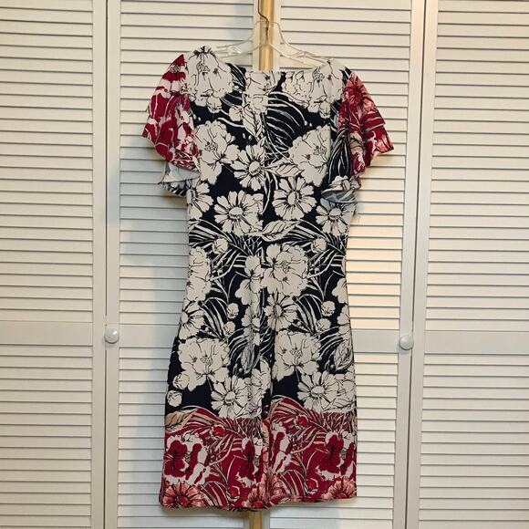 Violet B. Floral Scoop Neck Ruffled Stretch Short Sleeves Sheath Midi Dress L - Picture 2 of 5